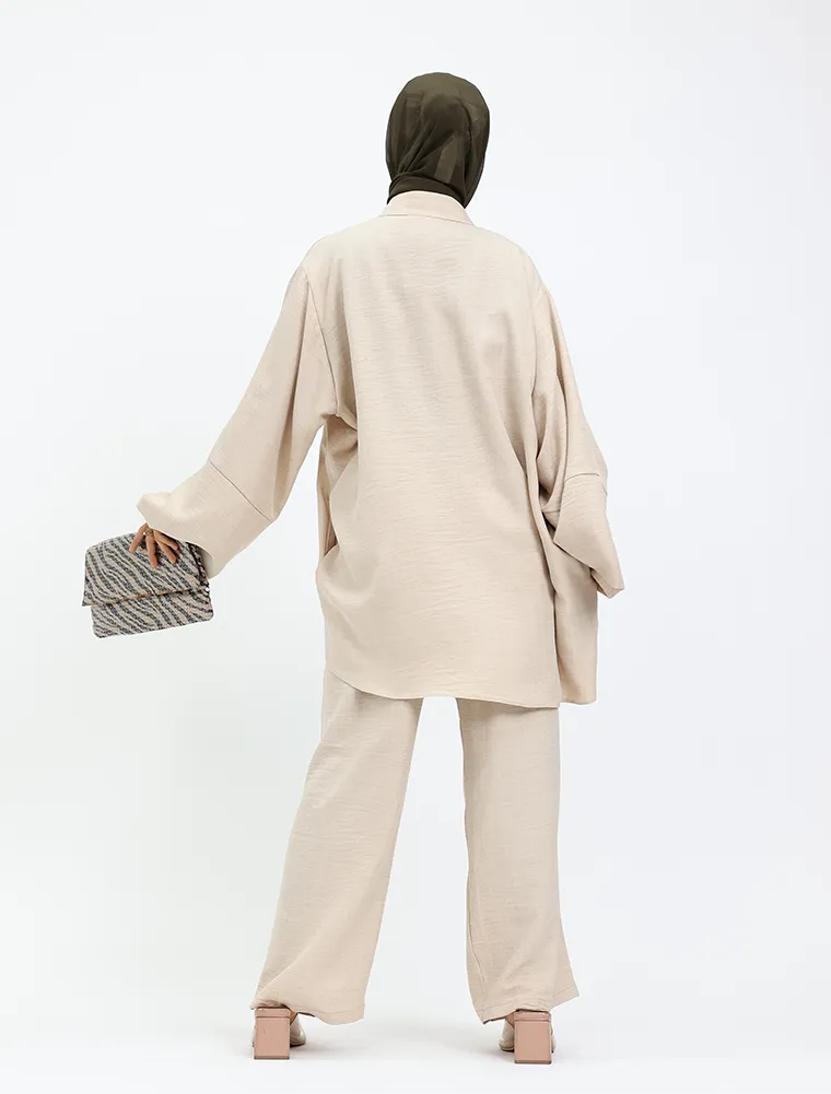 Beige Linen Feel Button Detail Co Ord Set